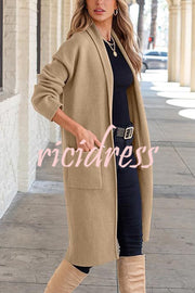 Solid Color Long-sleeved Casual Loose Pocket Mid-length Cardigan