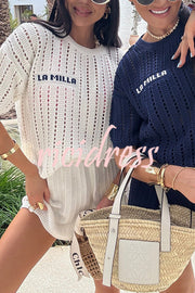 Fashionable Hollow Knit Short-sleeved Top and Elastic High-waist Casual Shorts Set