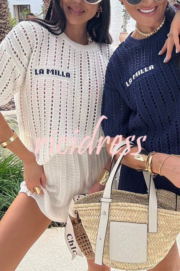 Fashionable Hollow Knit Short-sleeved Top and Elastic High-waist Casual Shorts Set