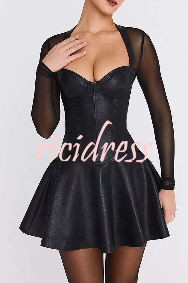 Fun and Flirty Faux Leather Mesh Sleeve Stretch Mini Dress