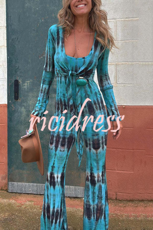 Exclusive Style Tie-dye Print Backless Tie-up Stretch Flared Jumpsuit