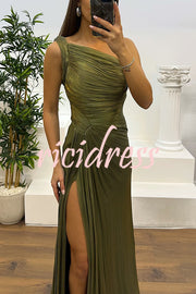 Fashion One-shoulder Pleated Ribbon Slim Slit Maxi Dress