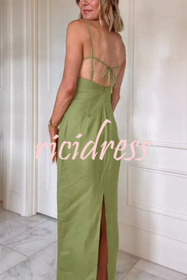 Sharyn Linen Blend Bodice Cutout Back Tie-up Slit Slip Maxi Dress