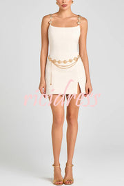 Timeless Exquisite Tweed Fabric Metal Coin Chain Detail Slip Mini Dress