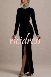 Love Lost Velvet Embellished High Neck Long Sleeve Twist Slit Maxi Dress