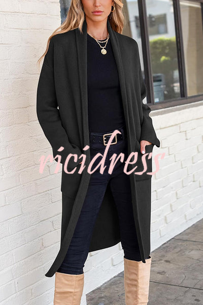 Solid Color Long-sleeved Casual Loose Pocket Mid-length Cardigan