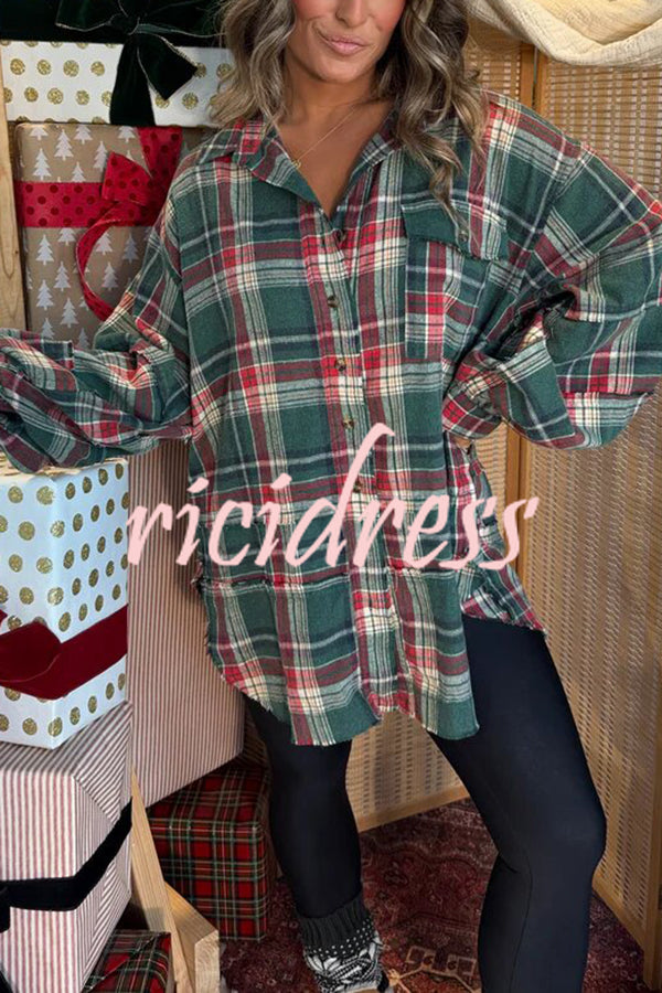 Christmas Morning Plaid Button Down Long Sleeve Pocket Loose Blouse