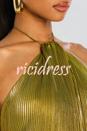 Glamorous Metallic Pleated Fabric Open Back Halter Slit Maxi Dress