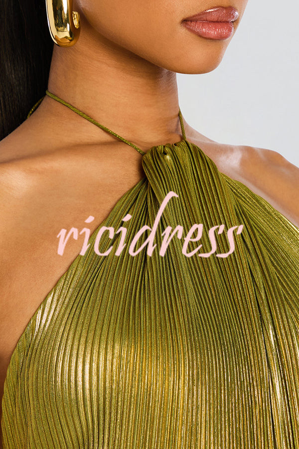 Glamorous Metallic Pleated Fabric Open Back Halter Slit Maxi Dress