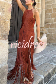 Fashion Sleeveless Halter Neck Elegant Tassel Slim Maxi Dress