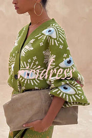 Mysterious Magic Knit Eye Heart Pattern Button Up Long Sleeve Loose Cardigan