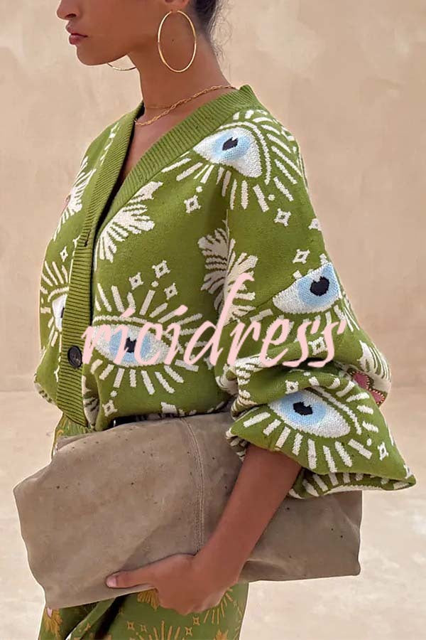 Mysterious Magic Knit Eye Heart Pattern Button Up Long Sleeve Loose Cardigan
