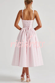 Playful Elf Gingham Square Neck Back Smocked Lace-up Midi Dress