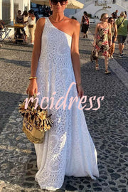 Pure Soul Unique Lace Pattern One Shoulder Slit Vacation Maxi Dress