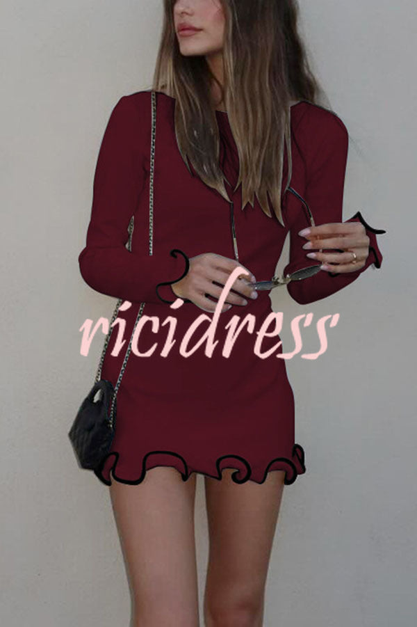 Fashionable Rolled Hem Round Neck Long Sleeve Slim Fit Mini Dress