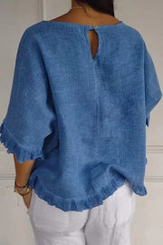 Solid Color Casual Round Neck Short Sleeve Ruffled Loose Top