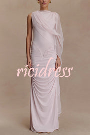 Fashionable Mesh Shawl Sleeveless Slim Fit Pleated Maxi Dress