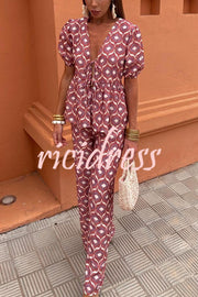 Stylish Printed Puff Sleeves V-neck Tie Top and Elastic Waist Loose Pants Set