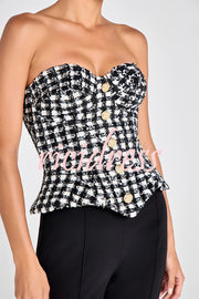 Maya Check Bouclé-tweed Fabric Sweetheart Neck Gold Button Strapless Tank
