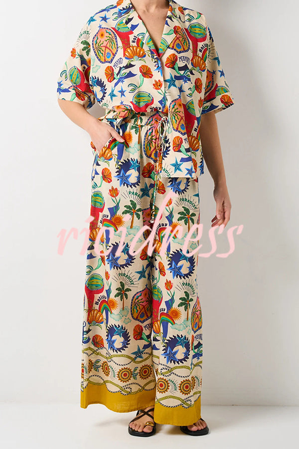 Linen Blend Unique Print Loose Short Sleeve Shirt and Elastic Waist Tie Pocket Pants Set