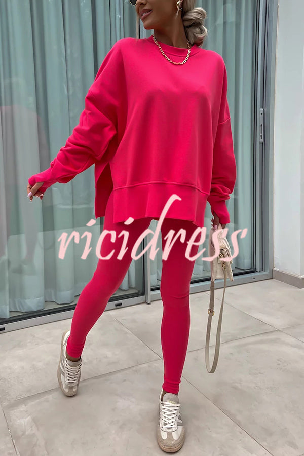 Solid Color Loose Long Sleeve SlitSweatshirt and Elastic Waist Tight Pants Set