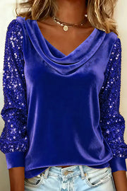 Stylish Velvet Sequin Patchwork Long-sleeved Casual Top