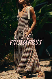 Striped Print V-Neck Lace-Up Backless Holiday Midi Dress