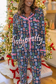 Postcards To Santa Unique Print Ruffles Trim Pocket Shirt and Elastic Waist Pajama Set