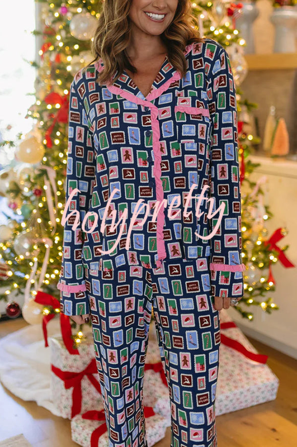 Postcards To Santa Unique Print Ruffles Trim Pocket Shirt and Elastic Waist Pajama Set