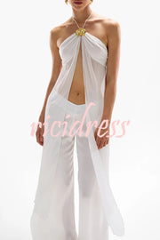 Lily Metal Flower Front Slit Halter Midi Top and V-waist Wide Leg Pants Set
