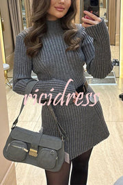 Beautiful Basic Ribbed Knit Long Slit Sleeve Flare Stretch Dress