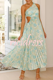 Charming One Shoulder Lace Up Cutout Pleated Maxi Dress