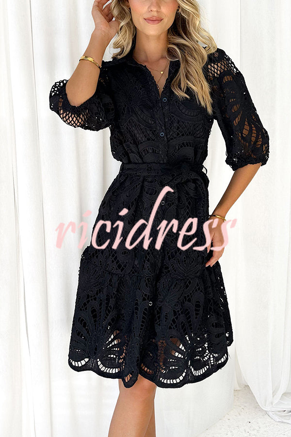 Solid Color Lace Cutout Balloon Sleeves and Waist Tie Mini Dress