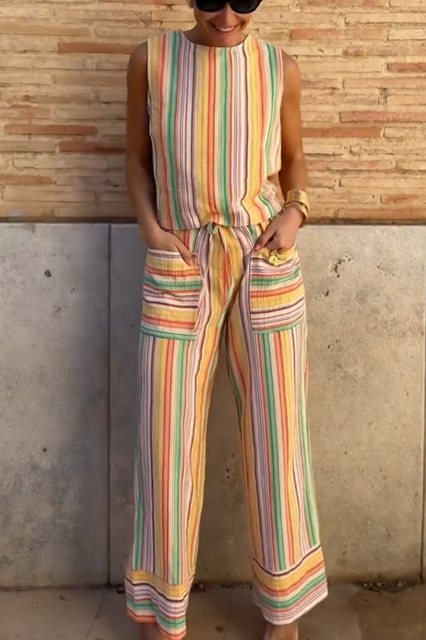 Tylah Linen Blend Colorful Striped Back Button Vest and Elastic Waist Pocket Loose Pants Set