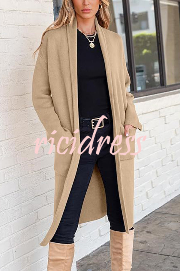 Solid Color Long-sleeved Casual Loose Pocket Mid-length Cardigan