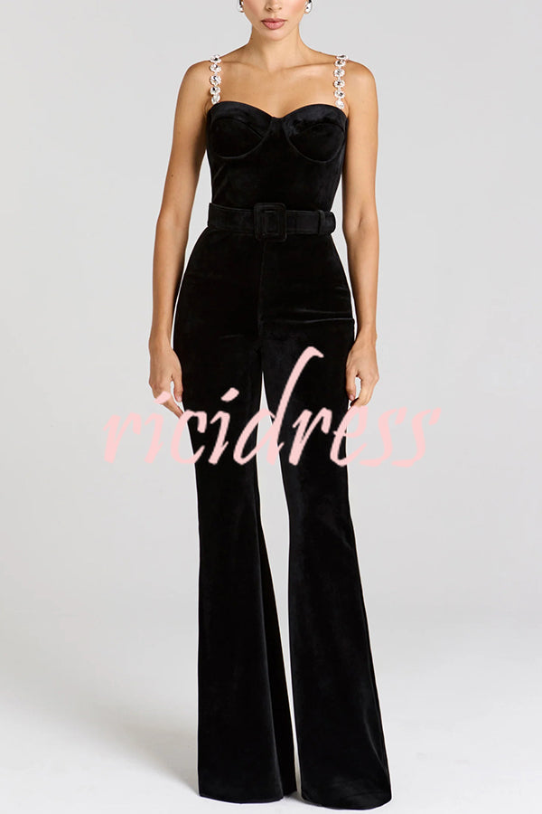 Eliza Luxurious Velvet Fabric Jewel-embellished Shoulder Straps Belted Flare Jumpsuit