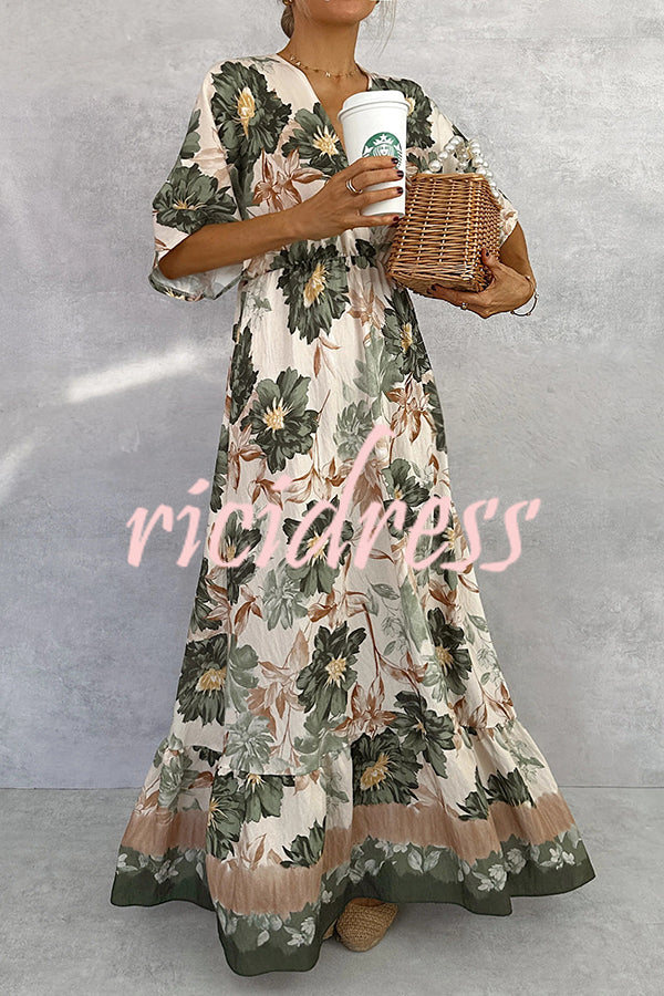 Floral Print V-neck Short Sleeve Waist Loose Full Hem Maxi Dress