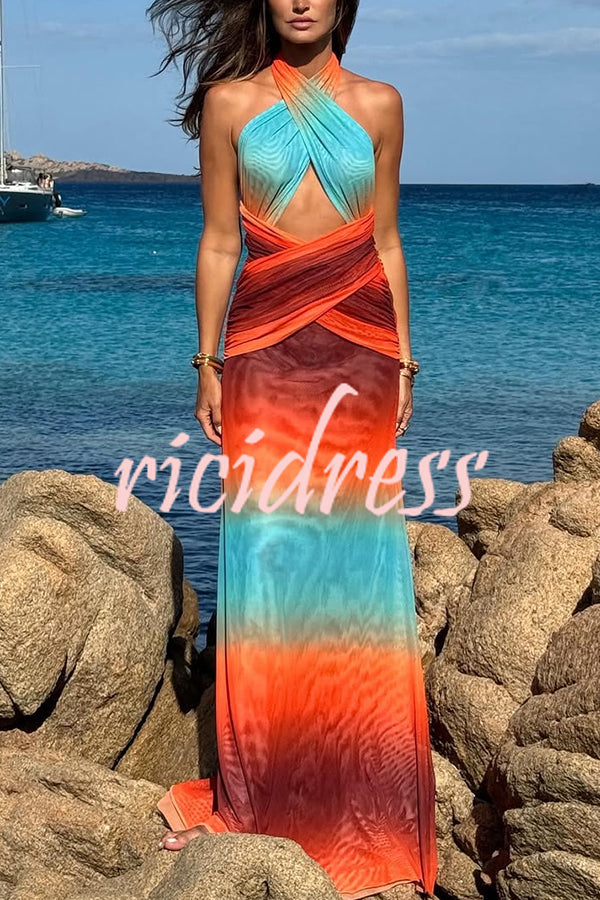 Neon Sunset Mesh Printed Cross Halter Neck Backless Vacation Maxi Dress