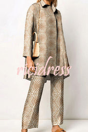 Geometric Print Lapel Long Sleeved Top and Pants Two Piece Set