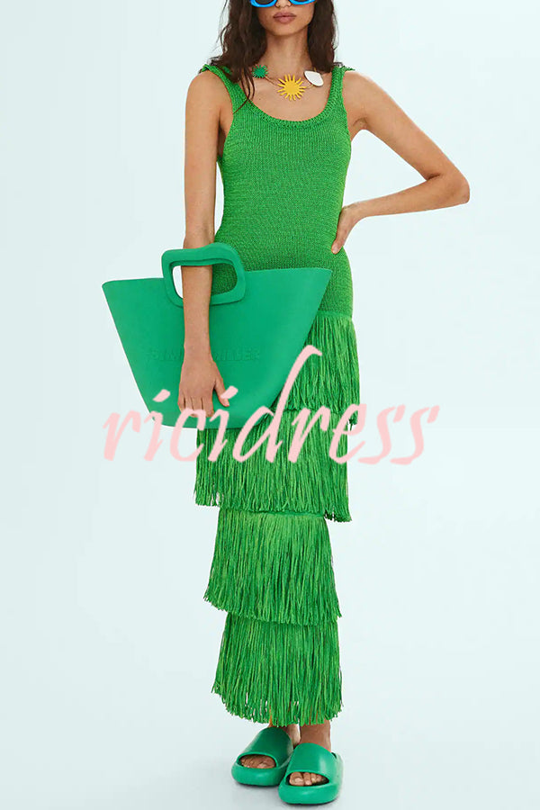 Solid Color Sleeveless Slim Fit Fringed Hem Knitted Midi Dress
