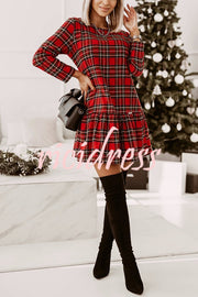 Fashionable Plaid Print Long Sleeve Round Neck Slim Fit Mini Dress