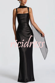 Calanthe Satin Square Neck Ruched Back Lace-up Drape Mesh Scarf Maxi Dress