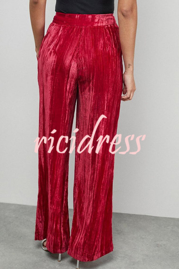 Solid Color Velvet Long-sleeved Waist Tie Top and Elastic Waist Casual Pocket Straight-leg Pants Set
