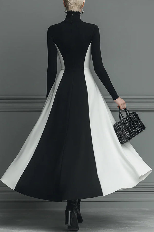 Stylish Color-blocked Turtleneck Long-sleeved Slim-fit Midi Dress