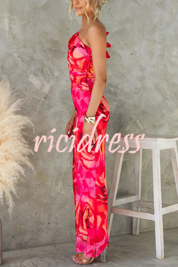 Floral Print Sleeveless 3D Flower One Shoulder Slim Maxi Dress