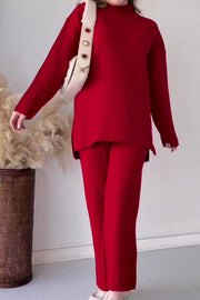 Solid Color Round Neck Long Sleeved Sweater and Elastic Waist Pants Two Piece Set