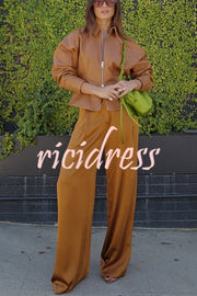 Pop of Brown Faux Leather Double Zipper Detail Balloon Sleeve Lapel Jacket