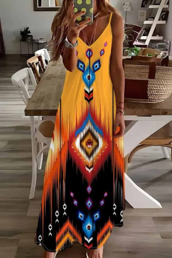 Unique Printed Suspender V-neck Loose Maxi Dress
