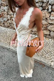 Modern Day Glam Satin Lace Trim V-neck Cross Back Maxi Dress