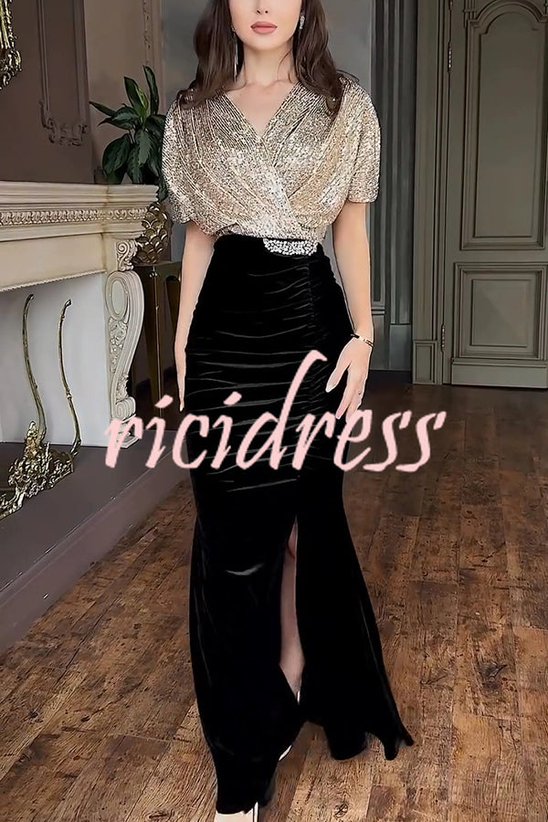 Elegant V-neck Sequined Velvet Stitching Sexy Slit Maxi Dress